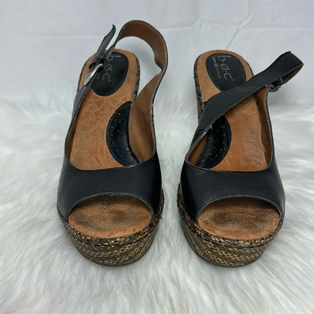 Born BOC Black Leather Raffia Wedge Peep‎ Toe Shoes Sz 9